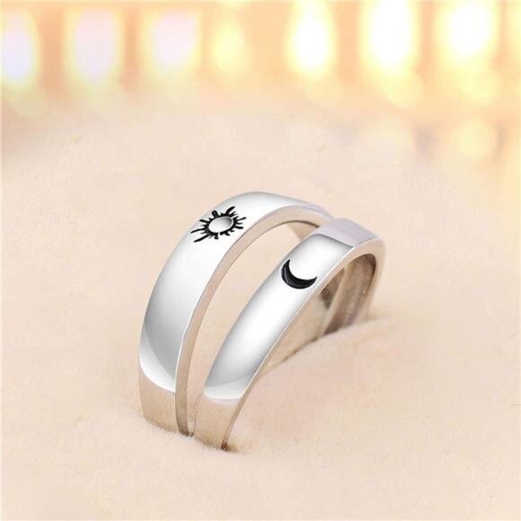 925 Silver Rings Custom Adjustable Sun and Moon Matching Rings Engraved - Picture 4 of 7